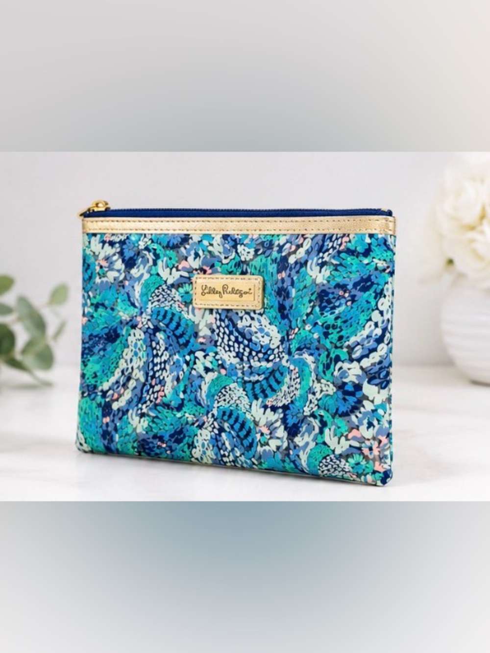 Lilly Pulitzer Teal & Blue Floral Zip Cosmetic Pouch with Gold Trim
